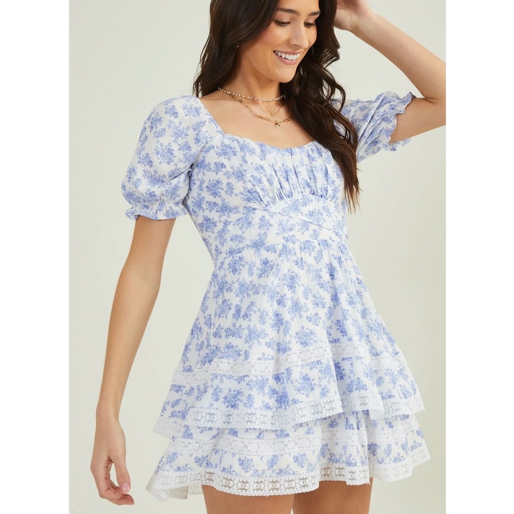 Altar‎ State Lola Floral Crochet Crossover Mini Dress Blue White XS Puff Sleeve